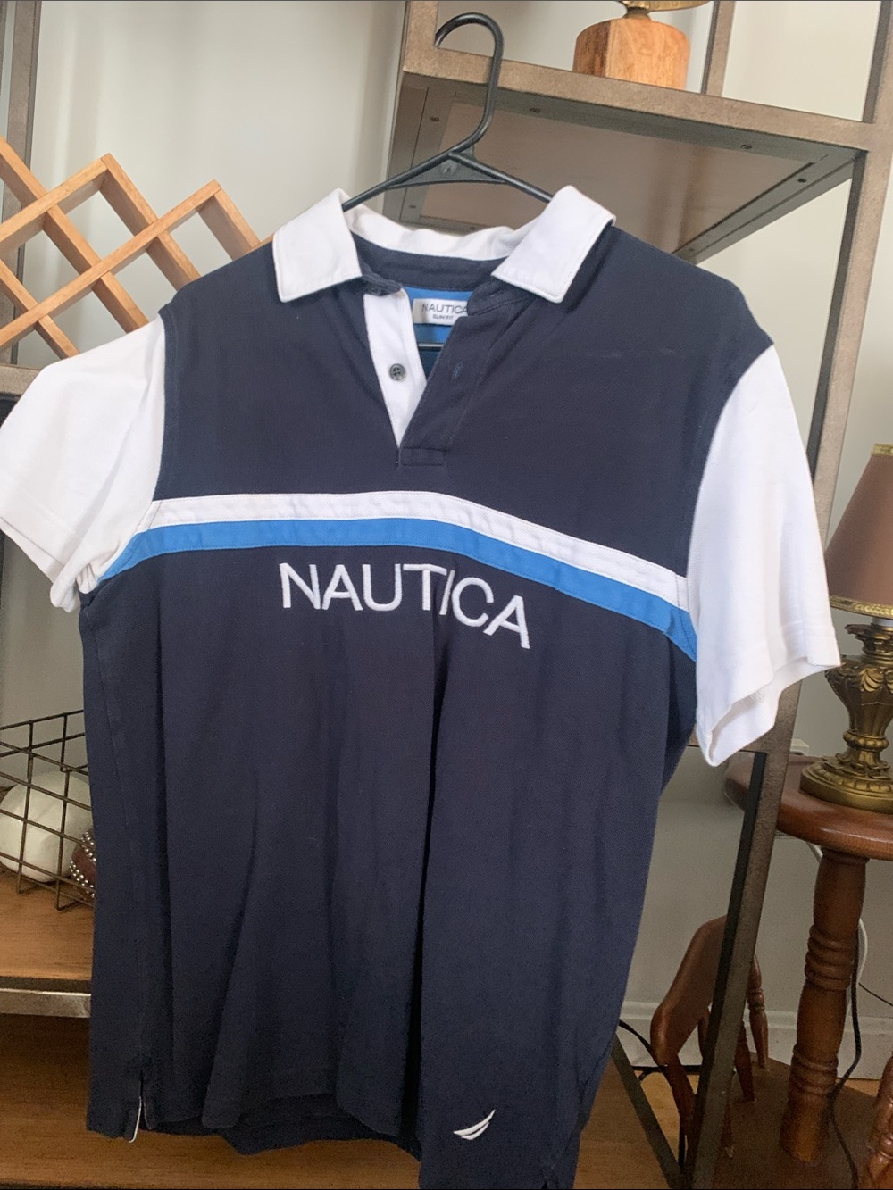 Nautica Navy Polo with White Sleeves and Light Blue Stripe